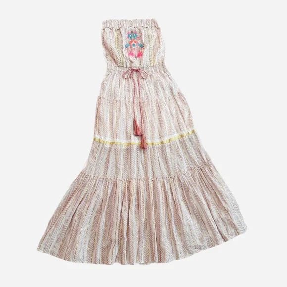 VENUS ~ Creams, Pinks, and Golds Embroidered Lace Glitter Tube Top Maxi Dress - Picture 7 of 11